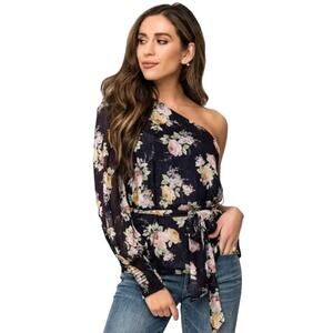 Gibson Look Navy Floral One Shoulder Chiffon Smocked Cuff Top, Large